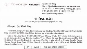 Hyundai Hà Đông Thông Báo Lùi Thời Gian Giao Xe